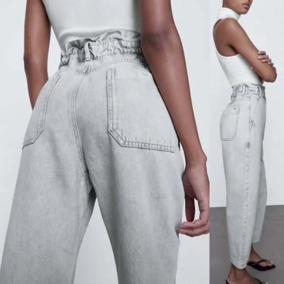 Zara Baggy Paperbag Elastic High Waist Light Grey Gray Denim Jeans Size 6 Ankle - Picture 3 of 16